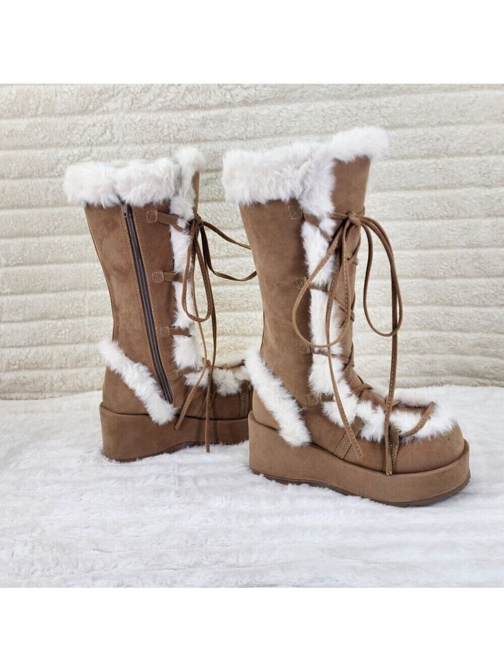 NIB DEMONIA Cubby 311 Stomper Tan Mammoth Platform Goth Punk Knee Boots NY - Picture 8 of 11